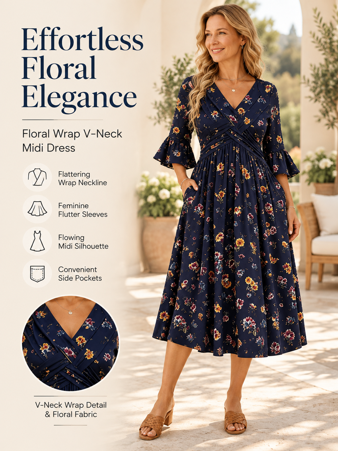 Wickelkleid mit Bindeband in der Taille und Taschen, Midi-Länge