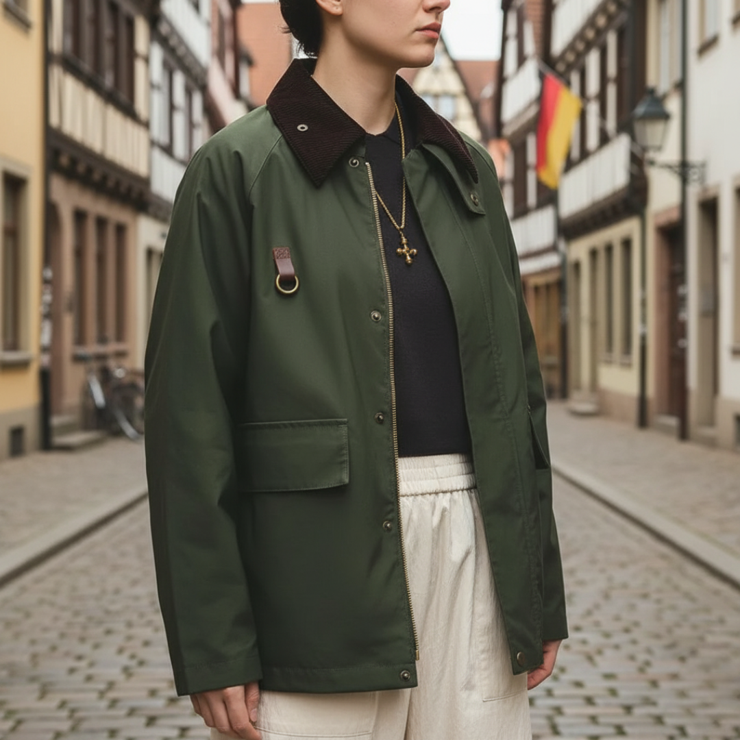 Jacke Damen Retro Grün mit Cordkragen & Reißverschluss – Highland Barn Jacket
