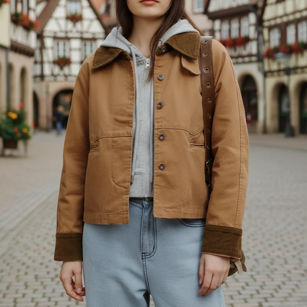 Jacke Damen Khaki mit Cordkragen & Baumwolle Heavyweight – Oxford Barn Jacket