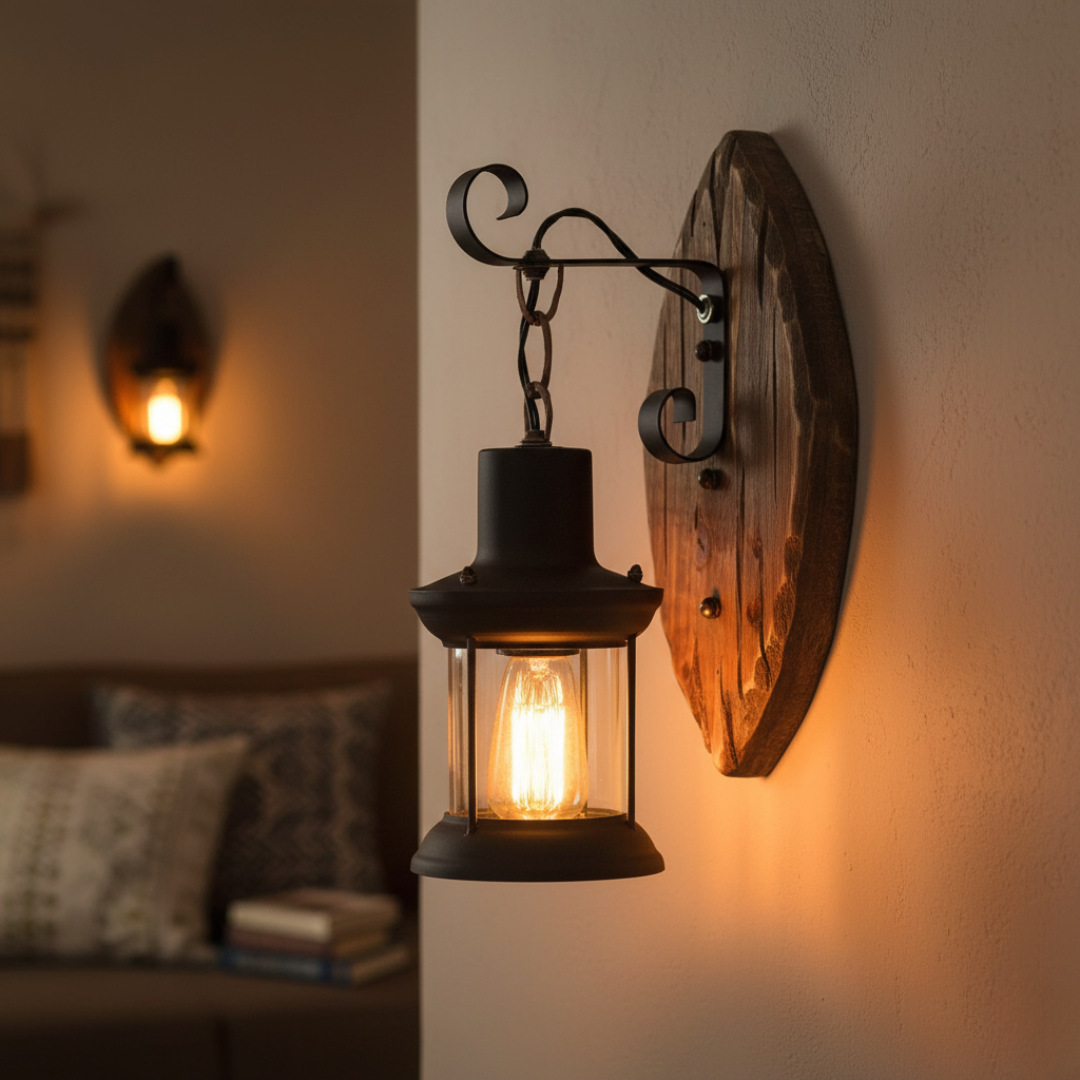 Innenbeleuchtung Vintage Wandlampe mit Holzrückwand – LanternGlow Light