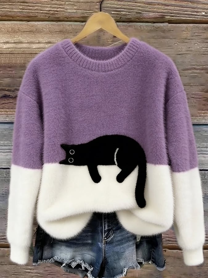 Schwarze Katze Kuscheliges Oversize-Plüsch-Sweatshirt