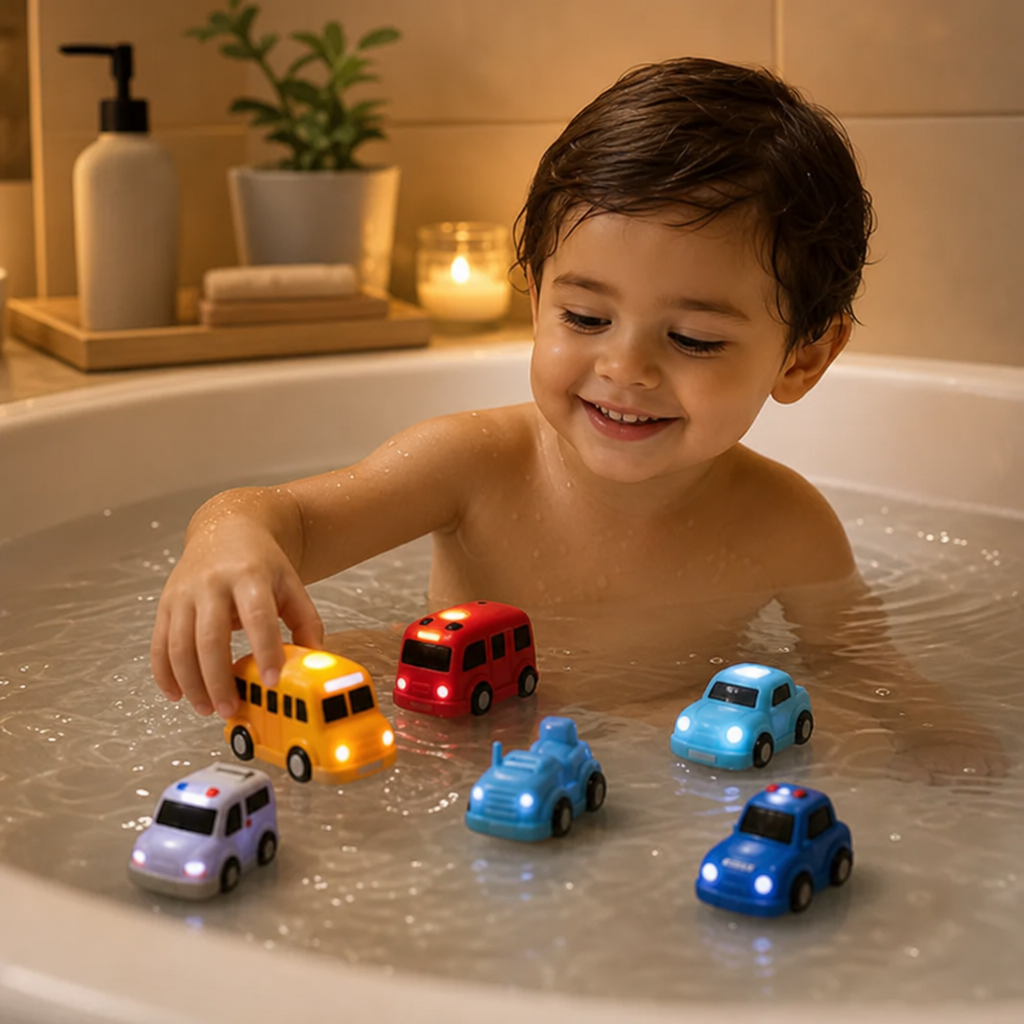 Set leuchtender Badewannen-Autos – Wasserbetriebene Badespielzeuge für Babys