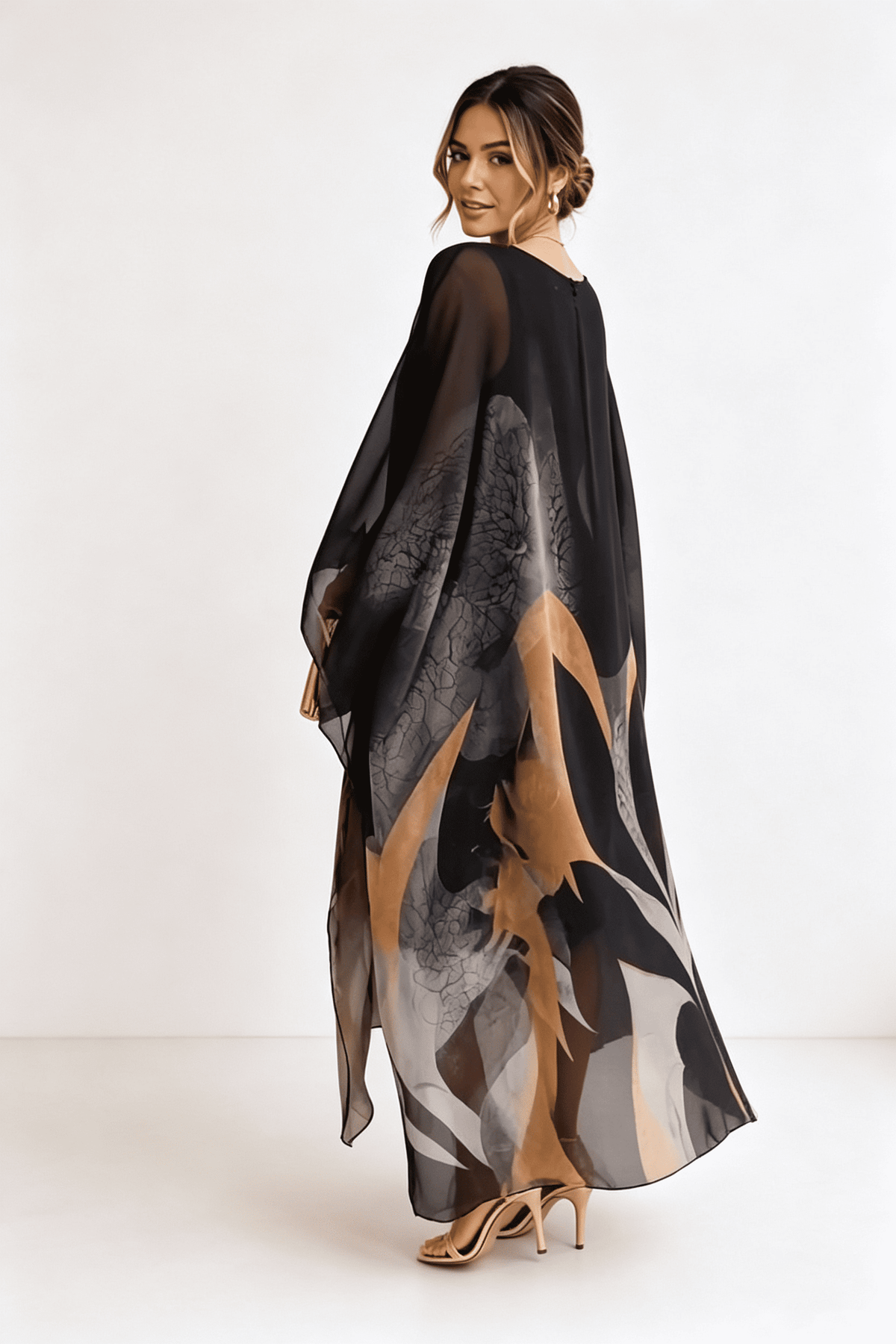 Schwarz-Grau-Gold Bedrucktes Kaftan Maxikleid