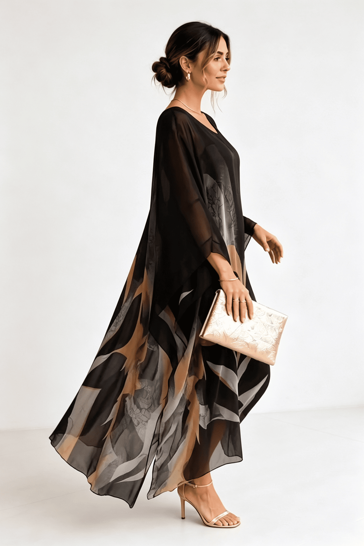 Schwarz-Grau-Gold Bedrucktes Kaftan Maxikleid
