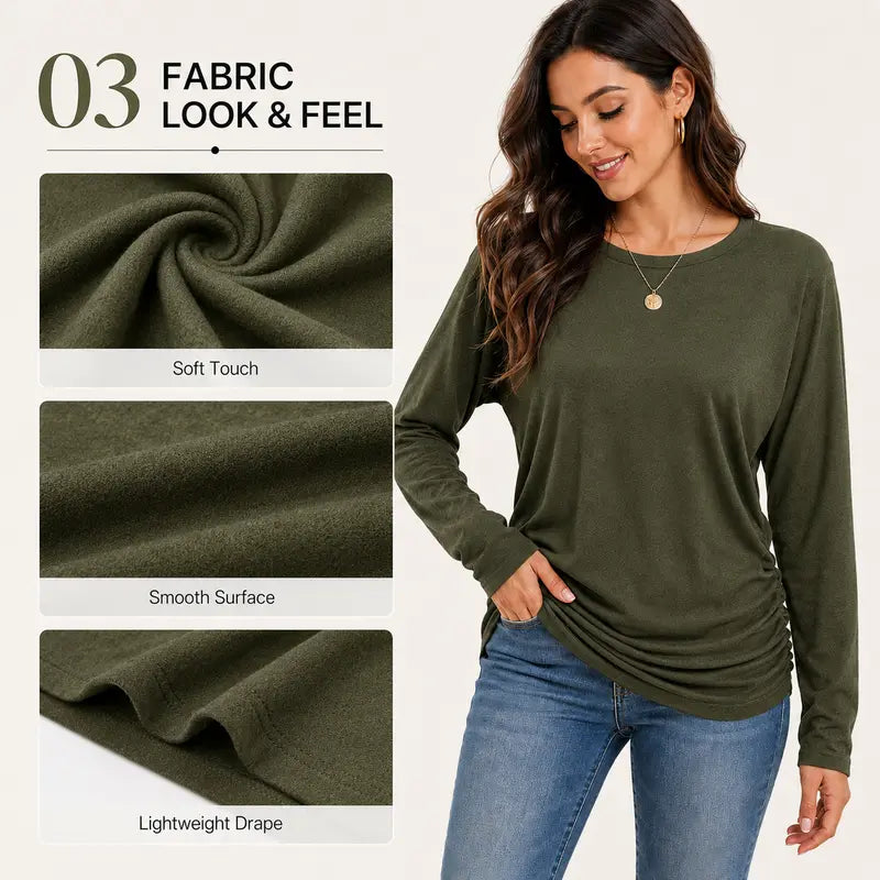 Damen Langarmshirt mit gerafftem Saum Herbst Oberteil Leichter Pullover