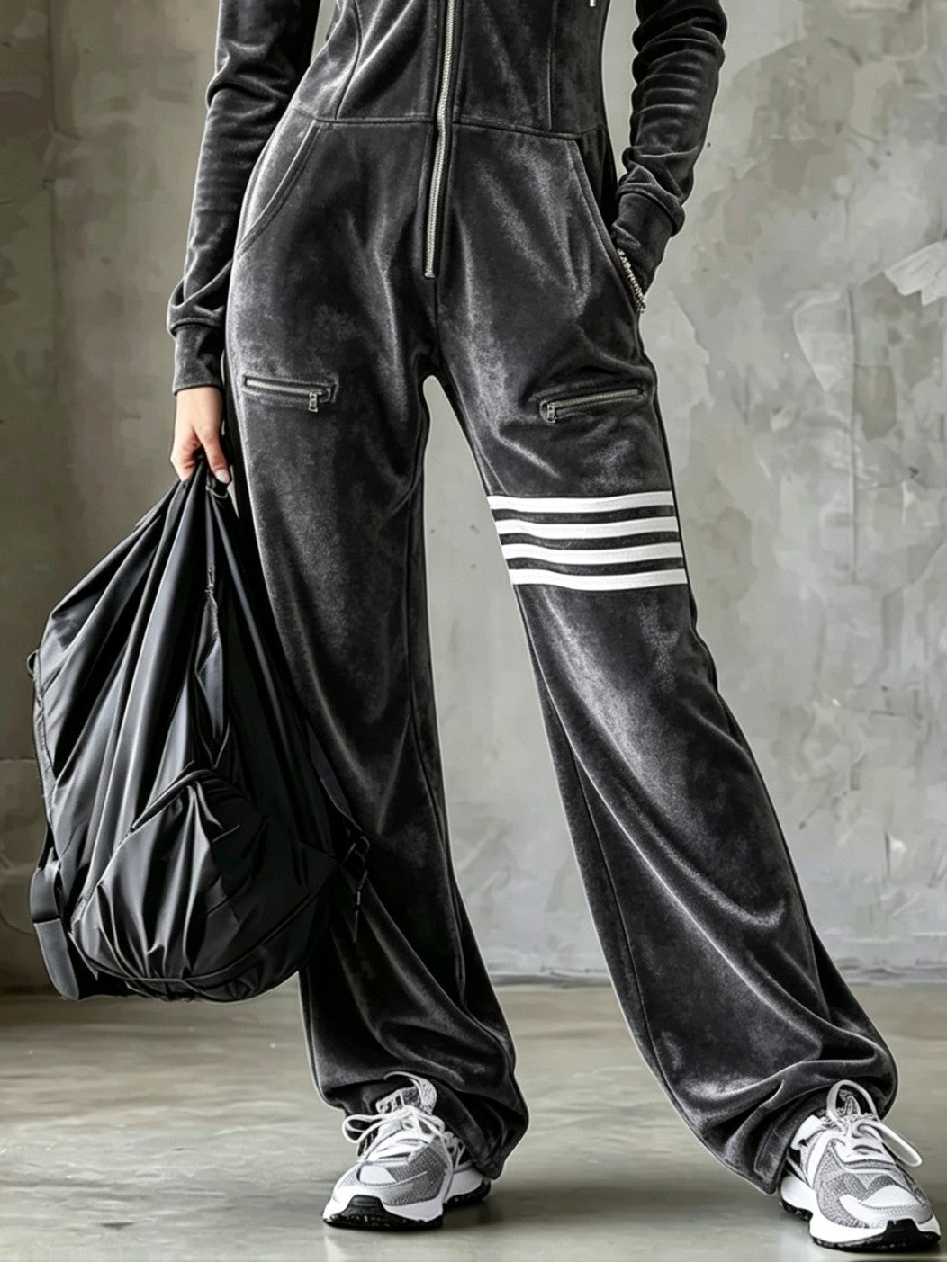 Samt-Jumpsuit mit Kapuze und Reißverschluss mit weitem Bein