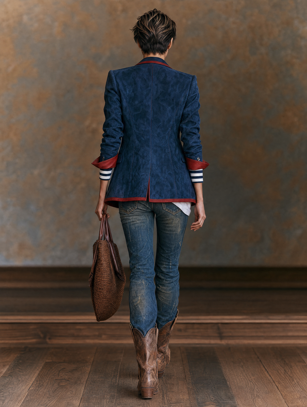 Damen Vintage-Stil Kunstwildleder Blazer mit rotem Lederbesatz