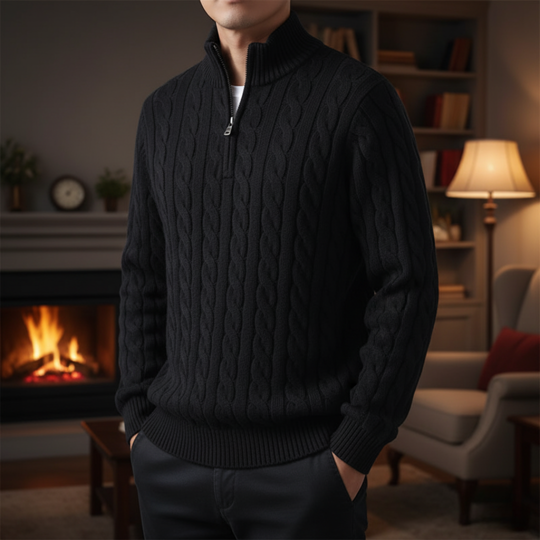 Pullover mit Zopfmuster & Stehkragen-Reißverschluss 100% Cotton – NordicClassic Knit