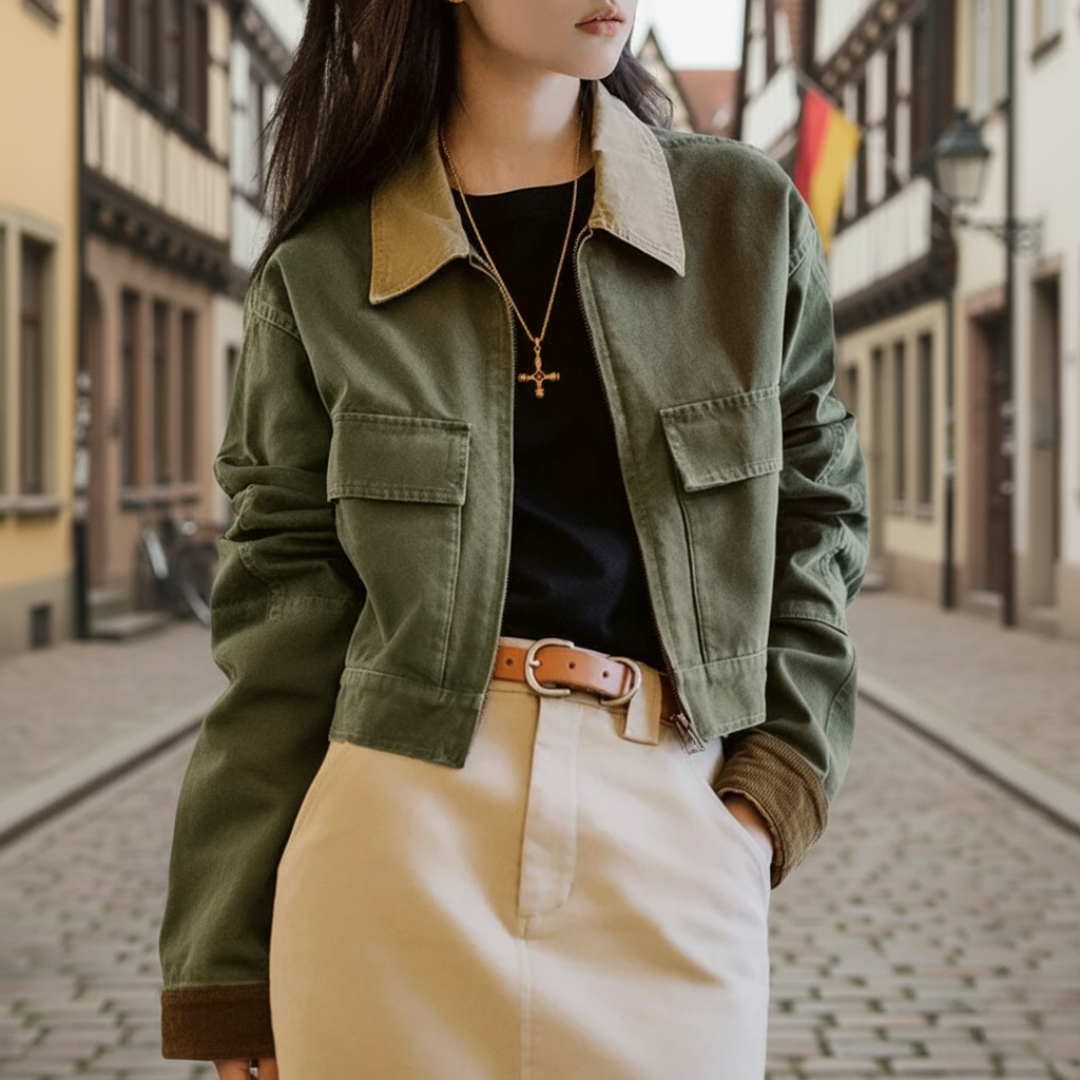 Jacke Damen Grün aus Baumwolle mit Cordkragen & Vintage Patchwork – Cambridge Canvas Jacket
