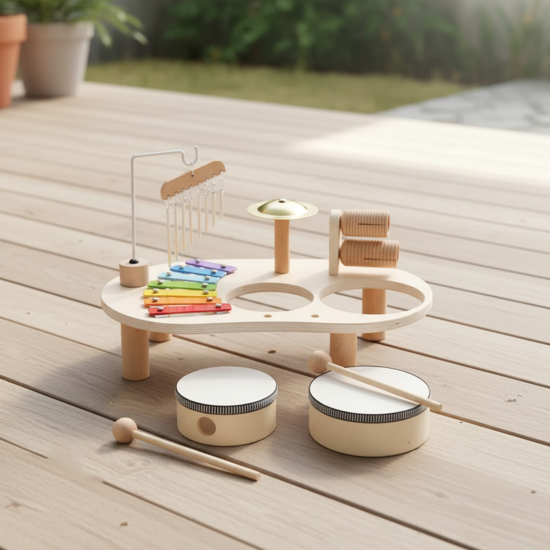 Spielzeug Musiktisch aus Holz mit Xylophon, Trommeln & Becken – KlangZauber Tisch