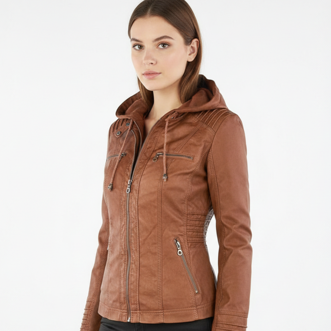 Damen Bikerjacke aus veganem Leder mit Kapuze