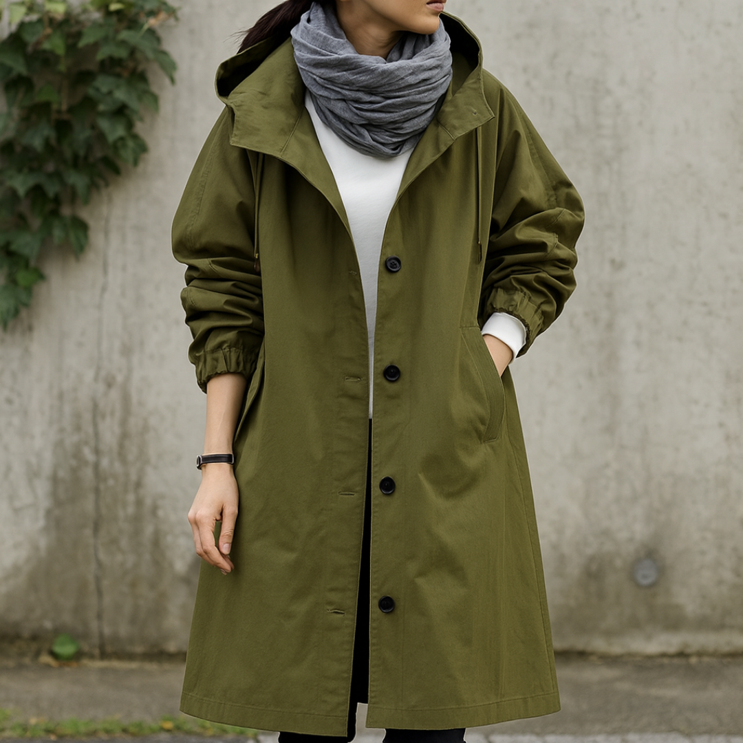 Trenchcoat Damen wasserabweisend mit Kapuze & Oversize-Passform – RainLuxe Coat