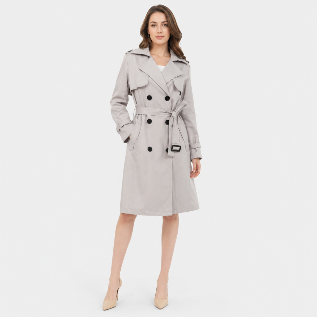 Damen Langer Doppelreihiger Trenchcoat – Klassischer Mantel mit Gürtel