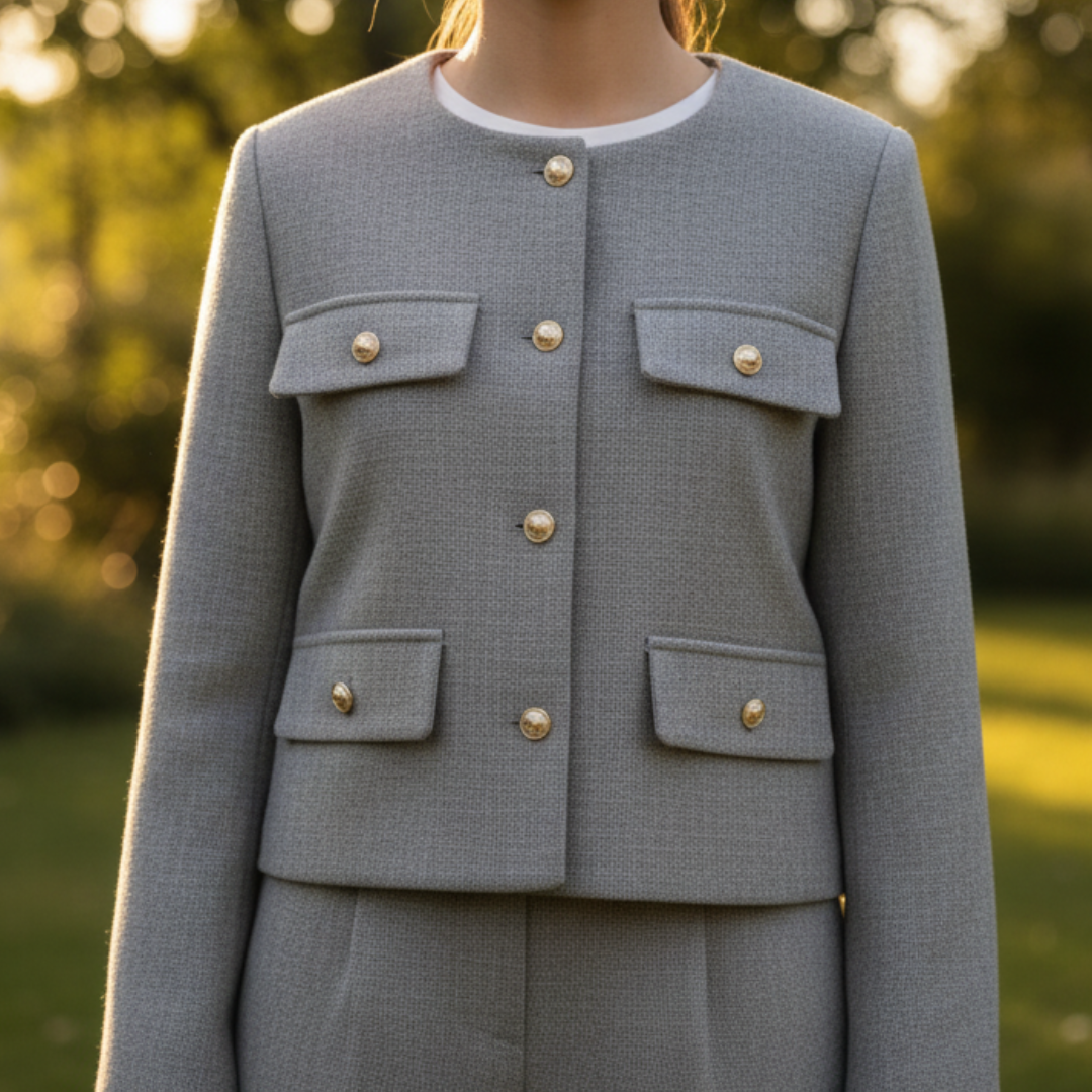 Mantel Damen mit Rundhals & Knopfdekor – BelleCéline Kurzblazer