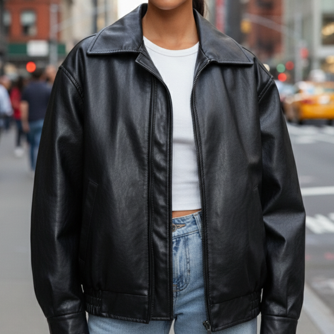 Lederjacke Damen Oversize mit Reißverschluss & Taschen – UrbanEase Layer