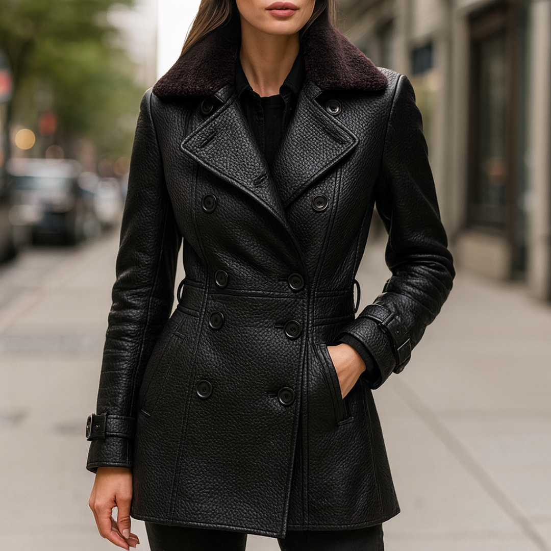 Leder Mantel Damen 3/4 Länge mit Tailliertem Schnitt – NoirÉlégance Coat