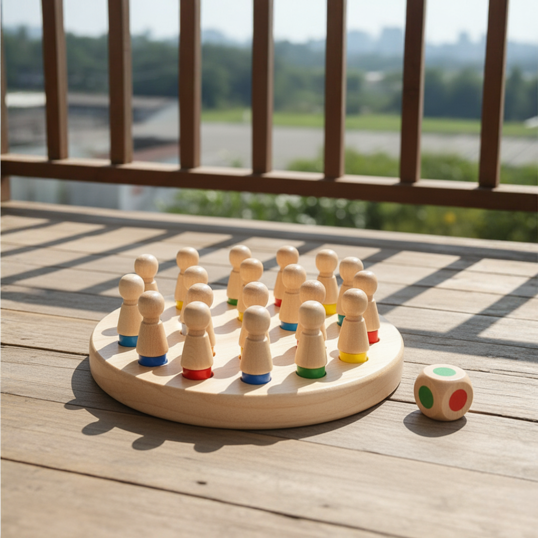 Spielzeug Memory-Schach aus Holz mit Farbwürfel – MemoLogic Spiel