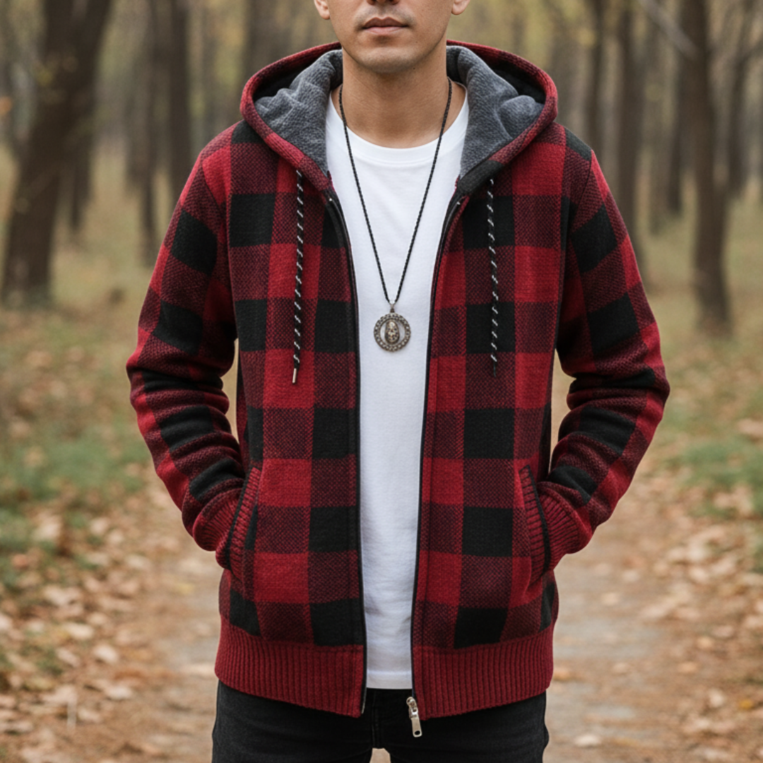 Flanell Pullover mit Kapuze & Reißverschluss – NordWool Check Hoodie