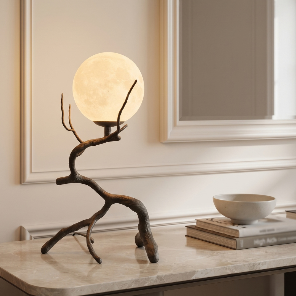 Rustikale Tischleuchte Mond mit Holzmaserung