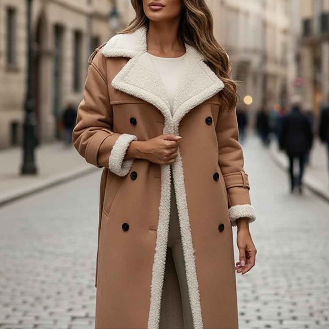 Damen Jacken lang mit Shearling-Futter & Bindegürtel – WinterEleganz Mantel