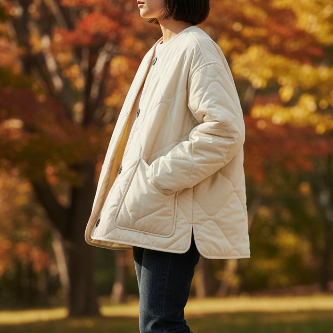 Mantel Damen gesteppte Baumwolljacke mit Taschen & Rundhals – Quiltaura Coat