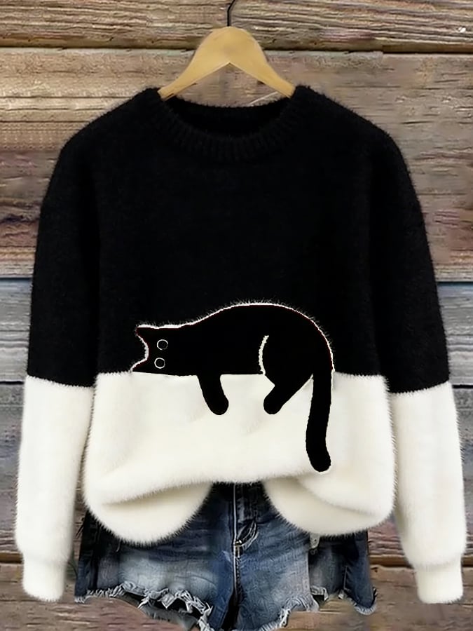 Schwarze Katze Kuscheliges Oversize-Plüsch-Sweatshirt