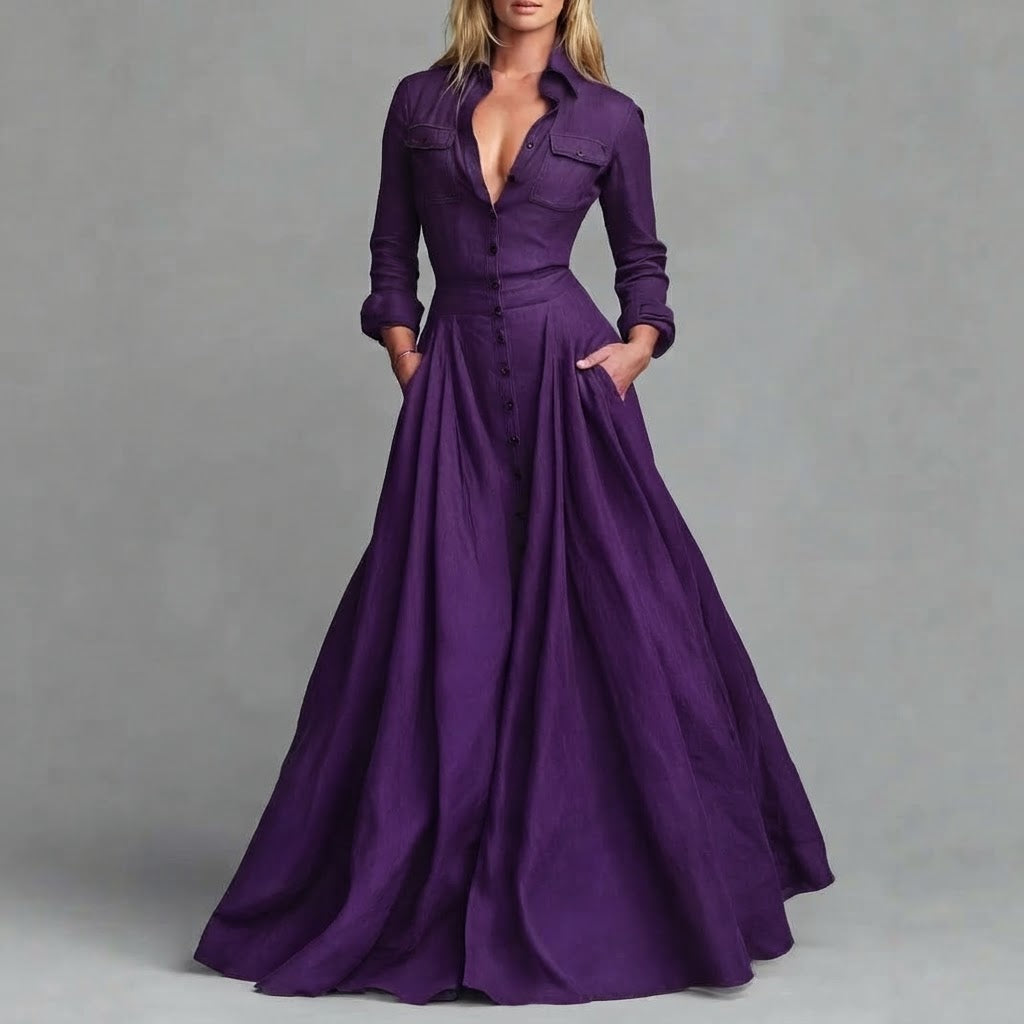 Hochgeschnittenes Langarm-Maxikleid mit Kragen und Knopfleiste