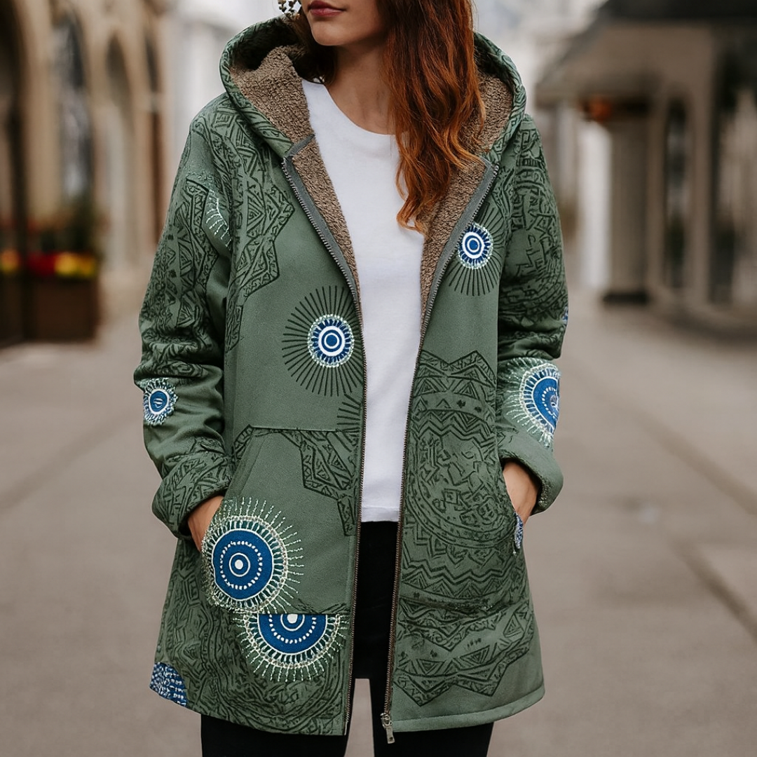 Warme Boho Kapuzenjacke mit Fleecefutter & Ethno-Muster – Liora Coat