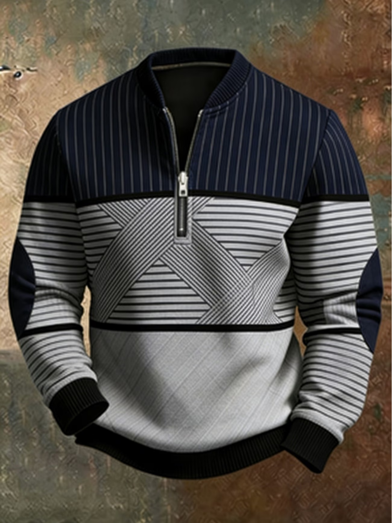 Herren-Pullover mit Stehkragen und halbem Reißverschluss mit grafischem Muster