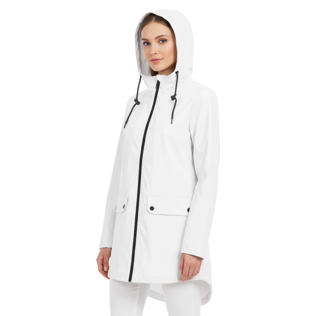 Damen langer wasserdichter Regenmantel mit Kapuze – Leichte winddichte Jacke mit Taschen