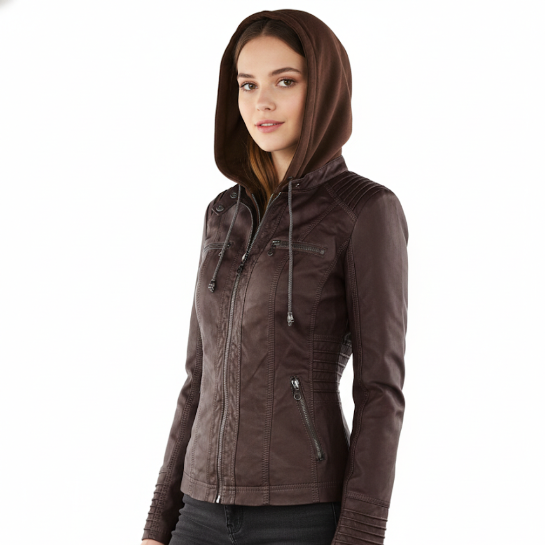 Damen Bikerjacke aus veganem Leder mit Kapuze