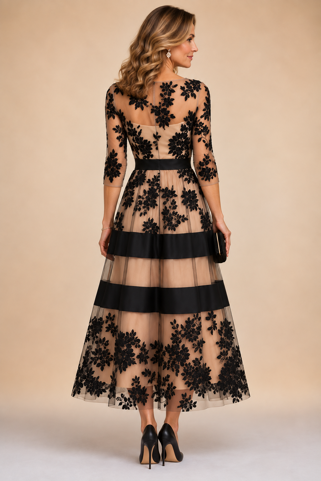 Blumenspitze Midi Abendkleid