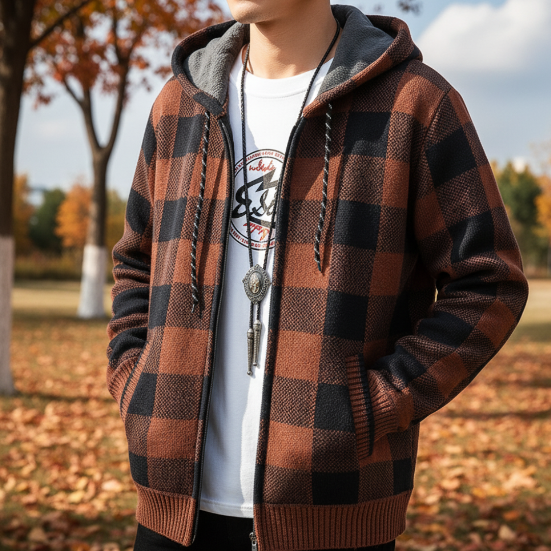Flanell Pullover mit Kapuze & Reißverschluss – NordWool Check Hoodie