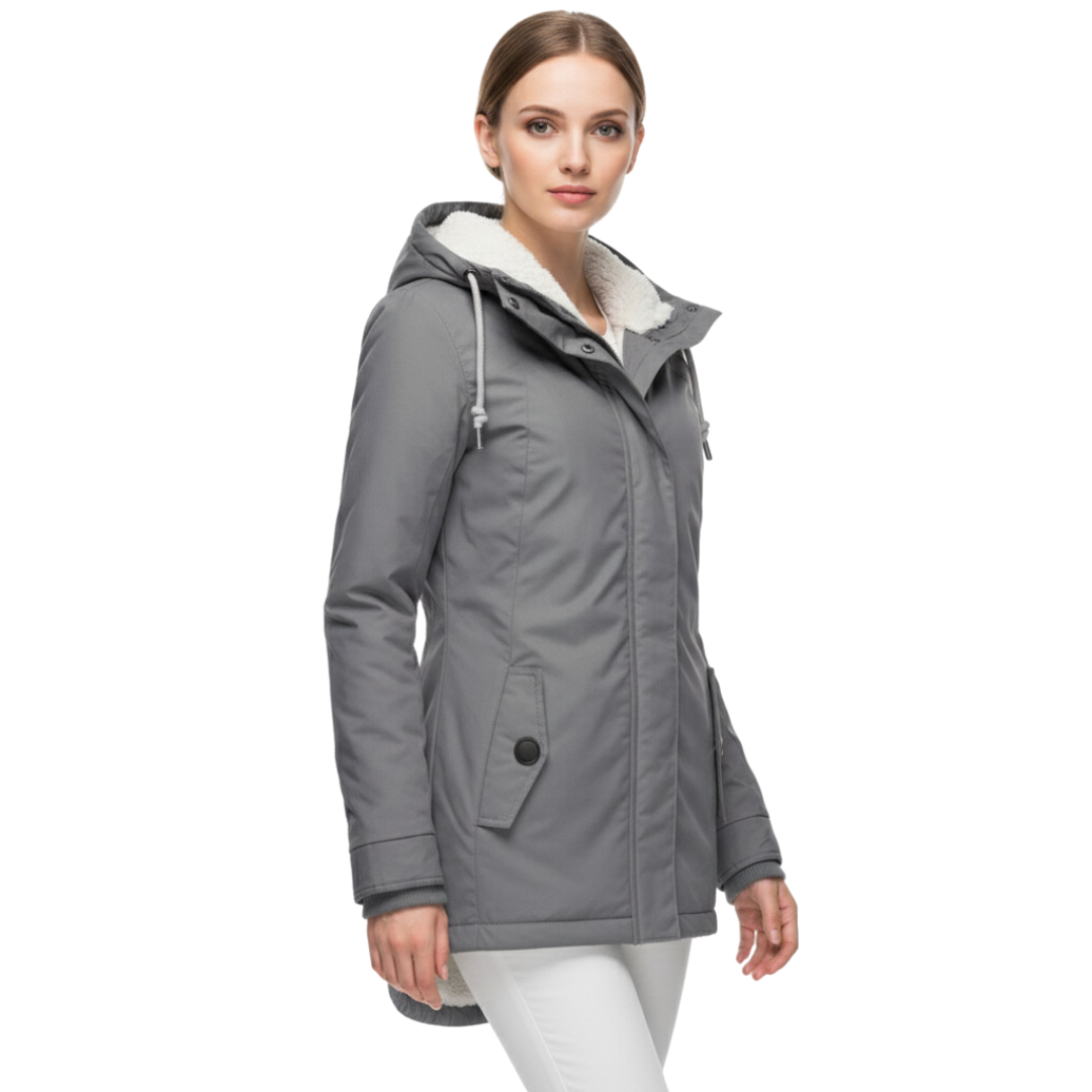 Damen Fleece-gefütterte Kapuzenjacke mit langem Schnitt – Wintermantel