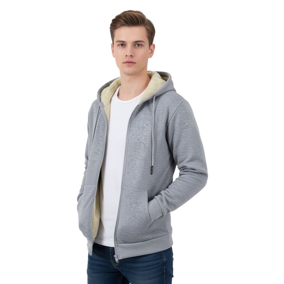 Thermo-Fleece-Herren-Kapuzenjacke mit Reißverschluss – Warme Sherpa-gefütterte Winterjacke
