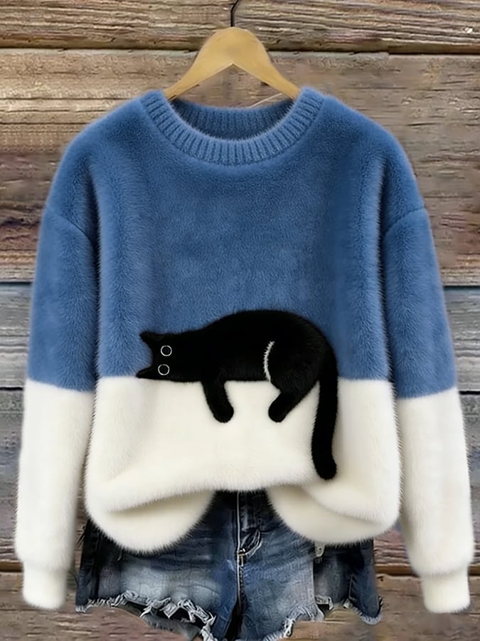 Schwarze Katze Kuscheliges Oversize-Plüsch-Sweatshirt