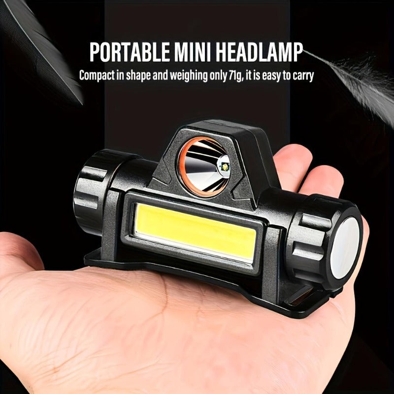 Wiederaufladbare COB LED Stirnlampe mit Magnetfuß - Spotlight und Flutlicht, 90 Grad Neigung, USB-Aufladung