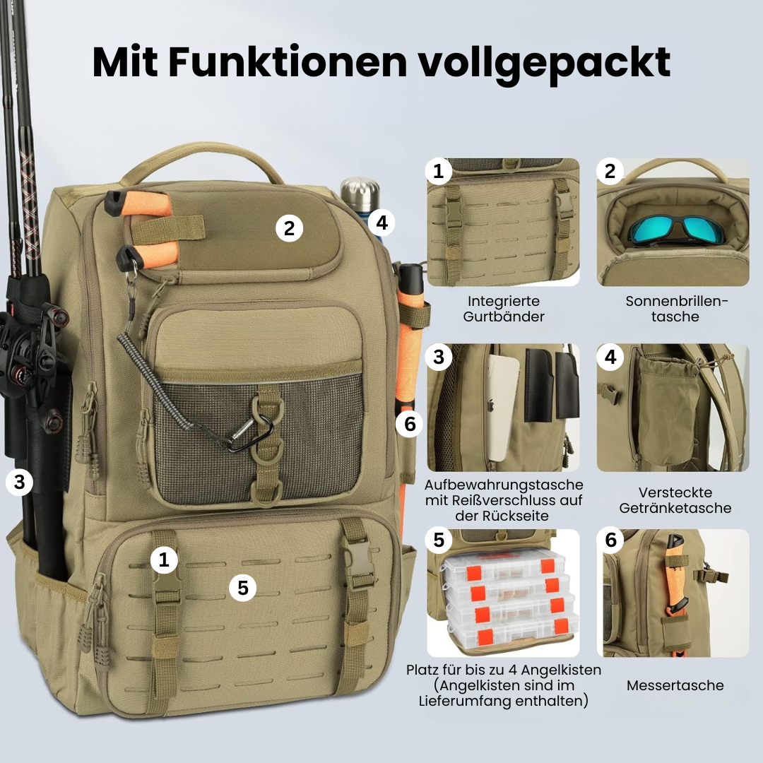 Taktischer Angelrucksack mit Rutenhalter & 40L + 4 Köderboxen – AnglerPro GearPack