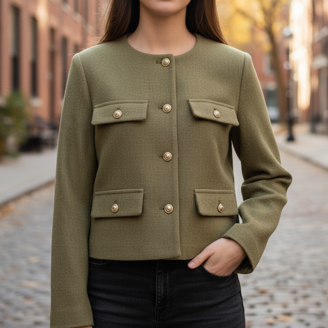Mantel Damen mit Rundhals & Knopfdekor – BelleCéline Kurzblazer