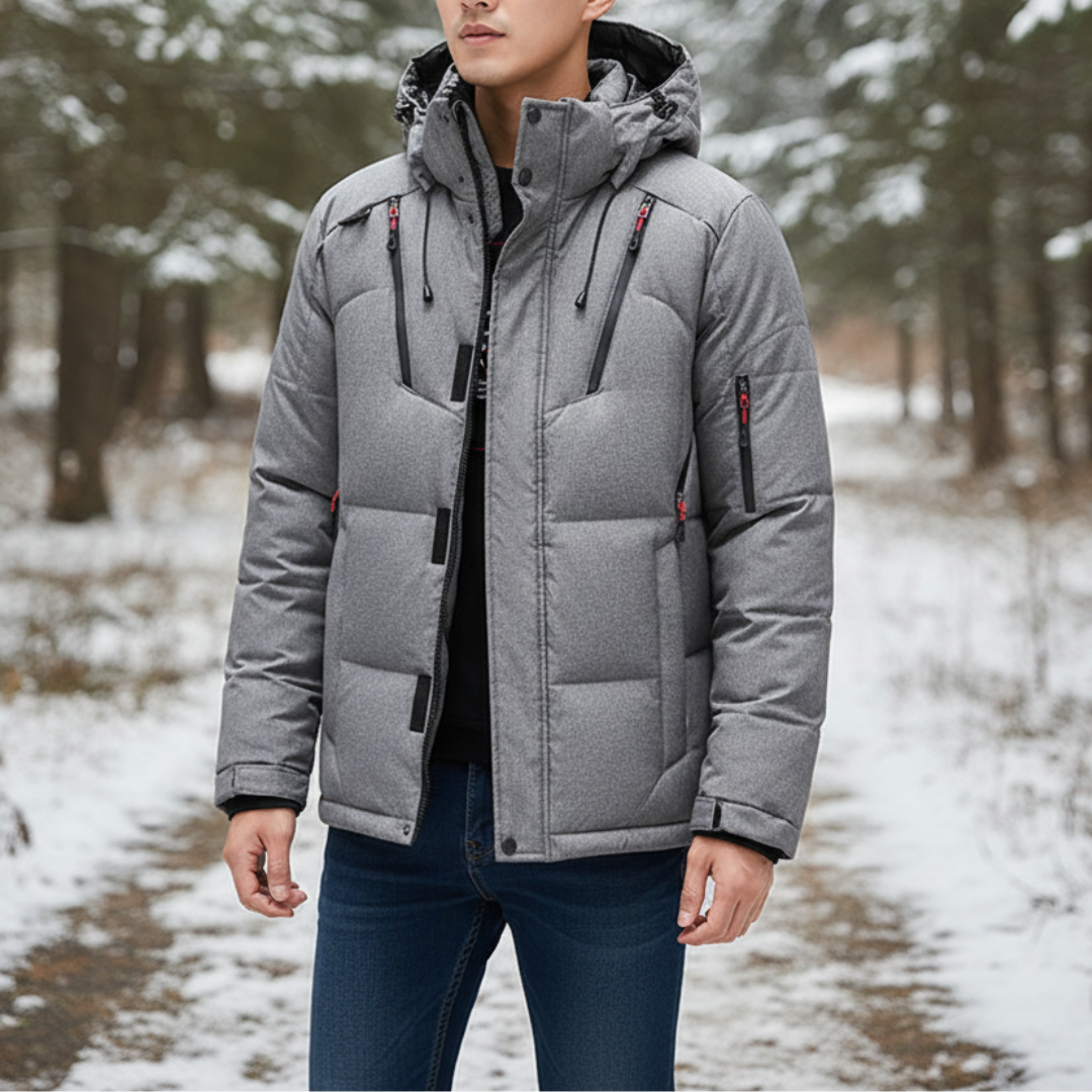 Daunenjacke mit abnehmbarer Kapuze & Windschutz – Nordfell Expedition