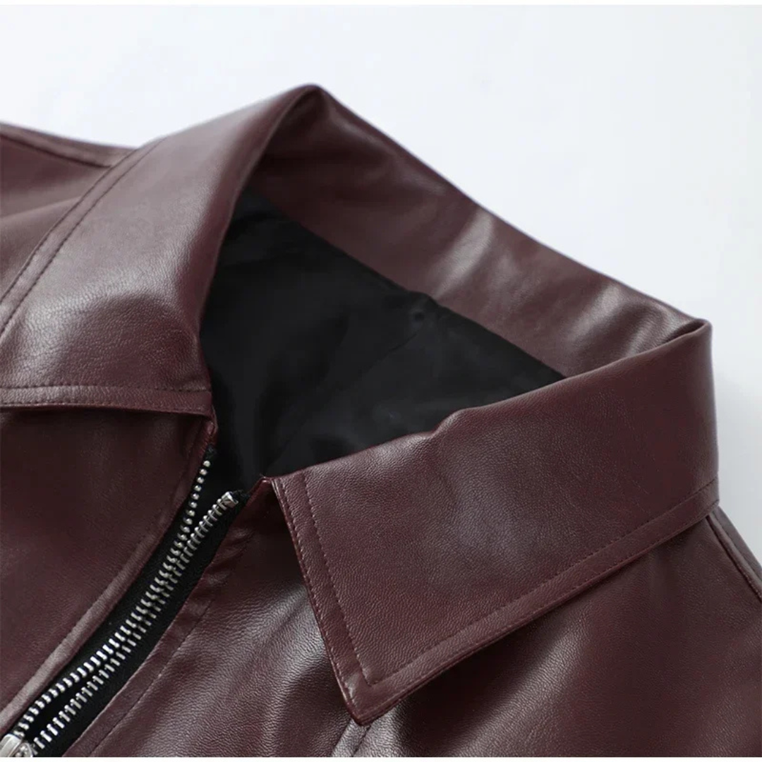 Damen Cropped Kunstlederjacke – Moto-Stil mit Reißverschluss (Weinrot)