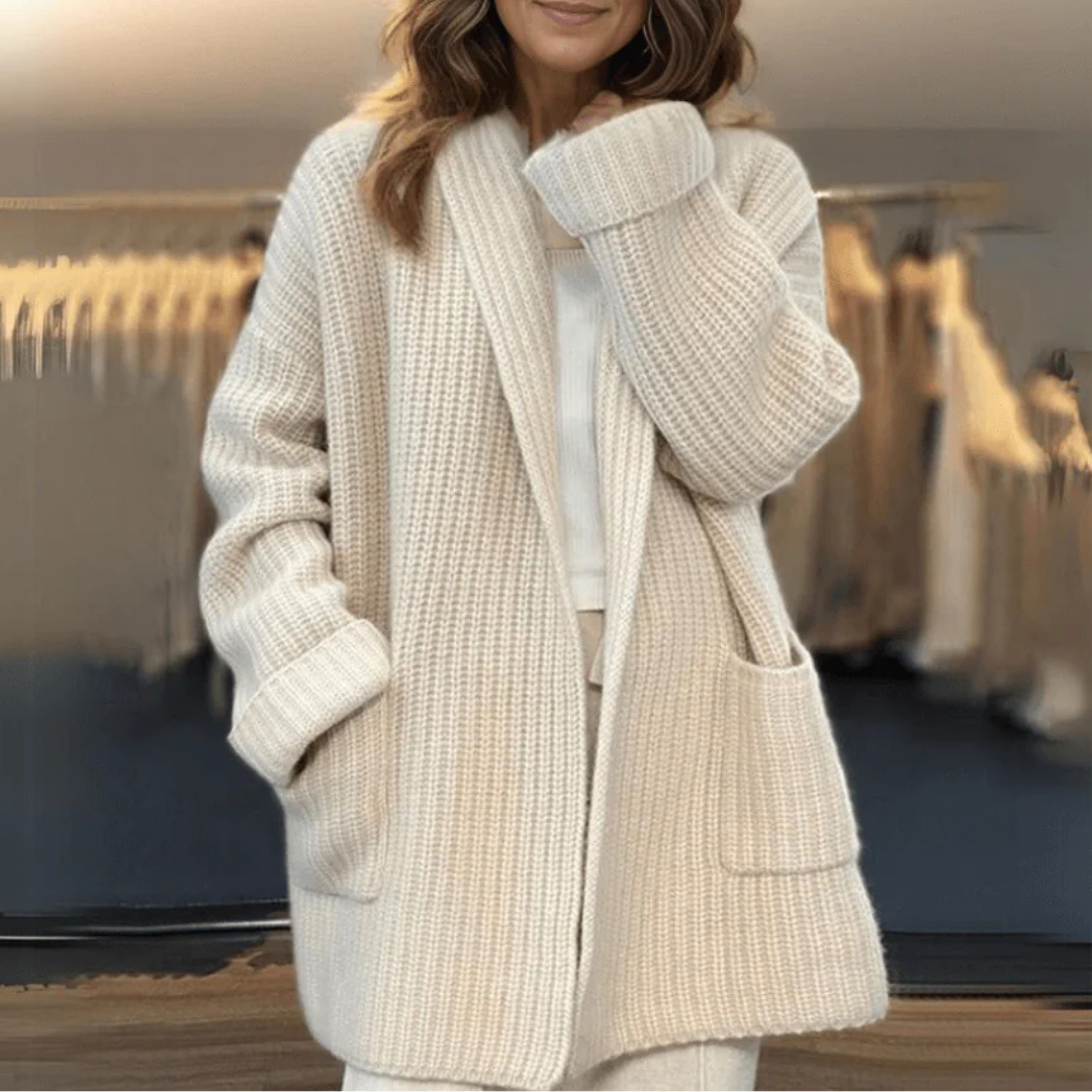 Pullover-Strickjacke lang mit elegantem Schnitt & offener Front – CozyCharm Cardigan
