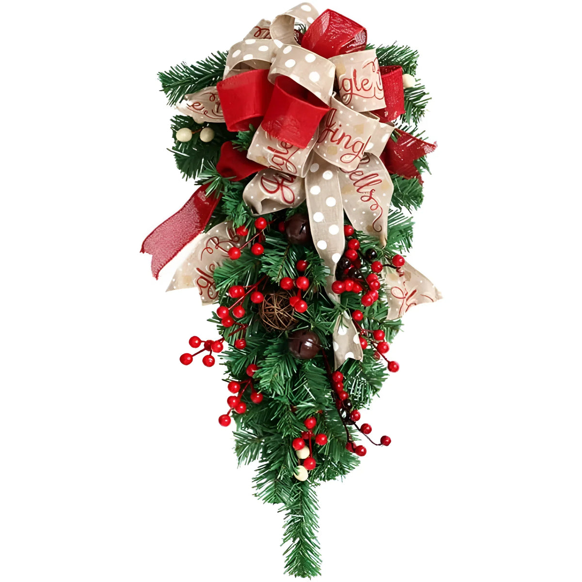 Umgedrehter Weihnachtsbaum-Türschmuck mit Schleifen und Beeren, 60 cm