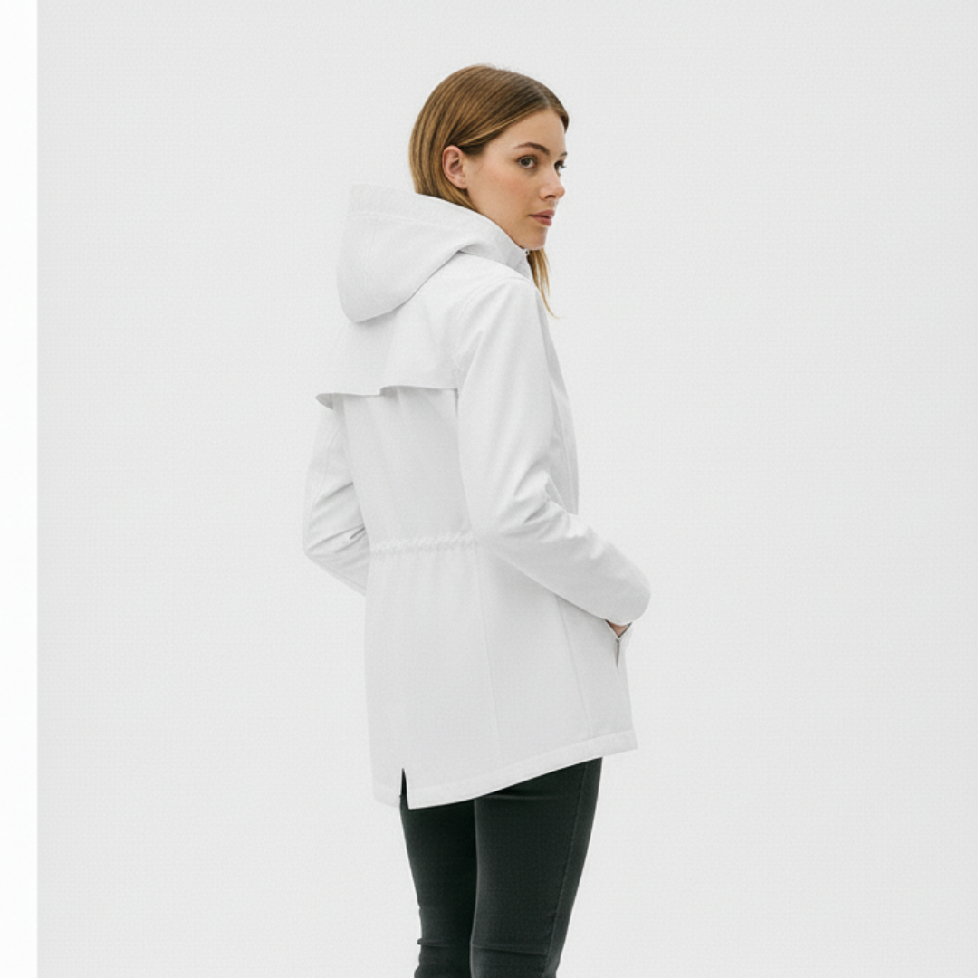 Damen langer wasserdichter Regenmantel mit Kapuze – Leichte winddichte Jacke mit Taschen
