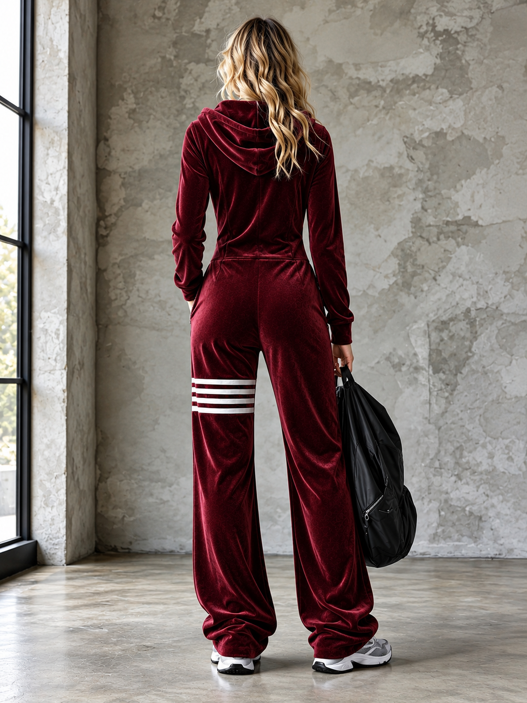 Samt-Jumpsuit mit Kapuze und Reißverschluss mit weitem Bein
