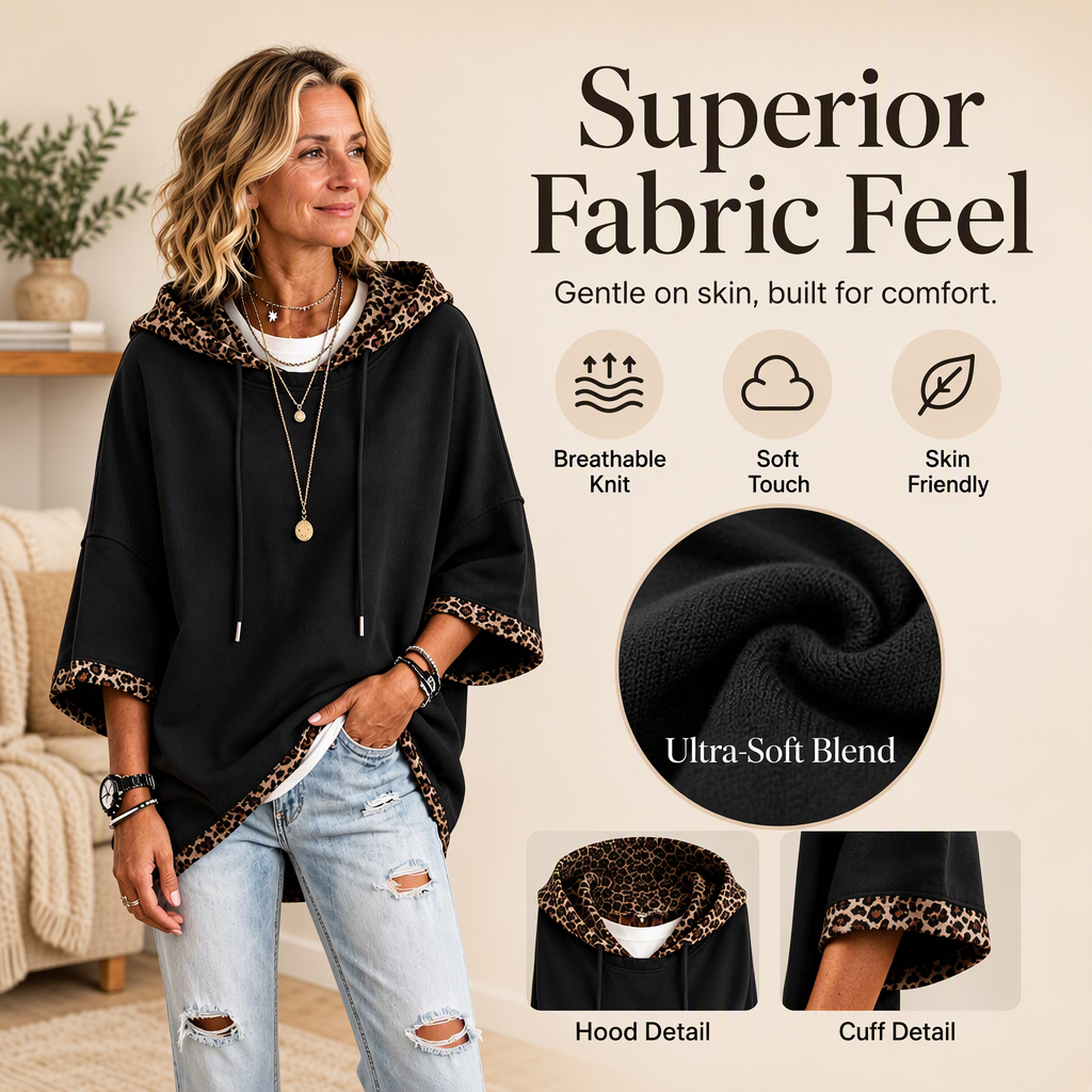 Damen Hoodie mit weitem Schnitt und Kordelzug mit Leoparden-Detail