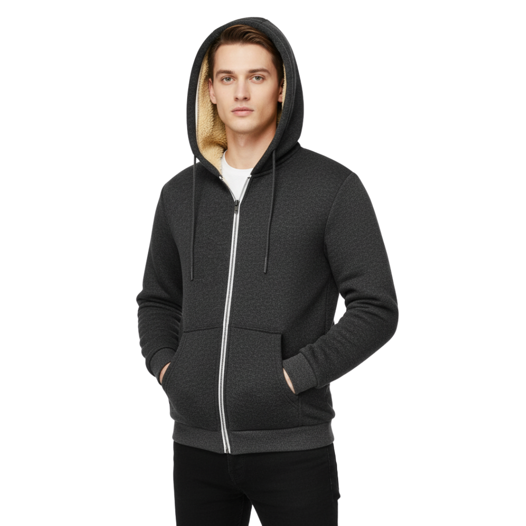 Herren Fleecejacke mit Sherpa-Futter – Dicke Thermo-Winterjacke mit Reißverschluss und Kapuze