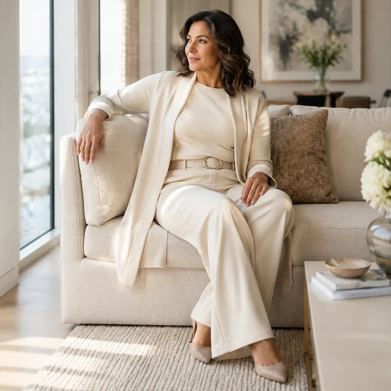3-teiliges geripptes Strick-Reise- & Lounge-Set (Cardigan + Top + Hose mit weitem Bein)