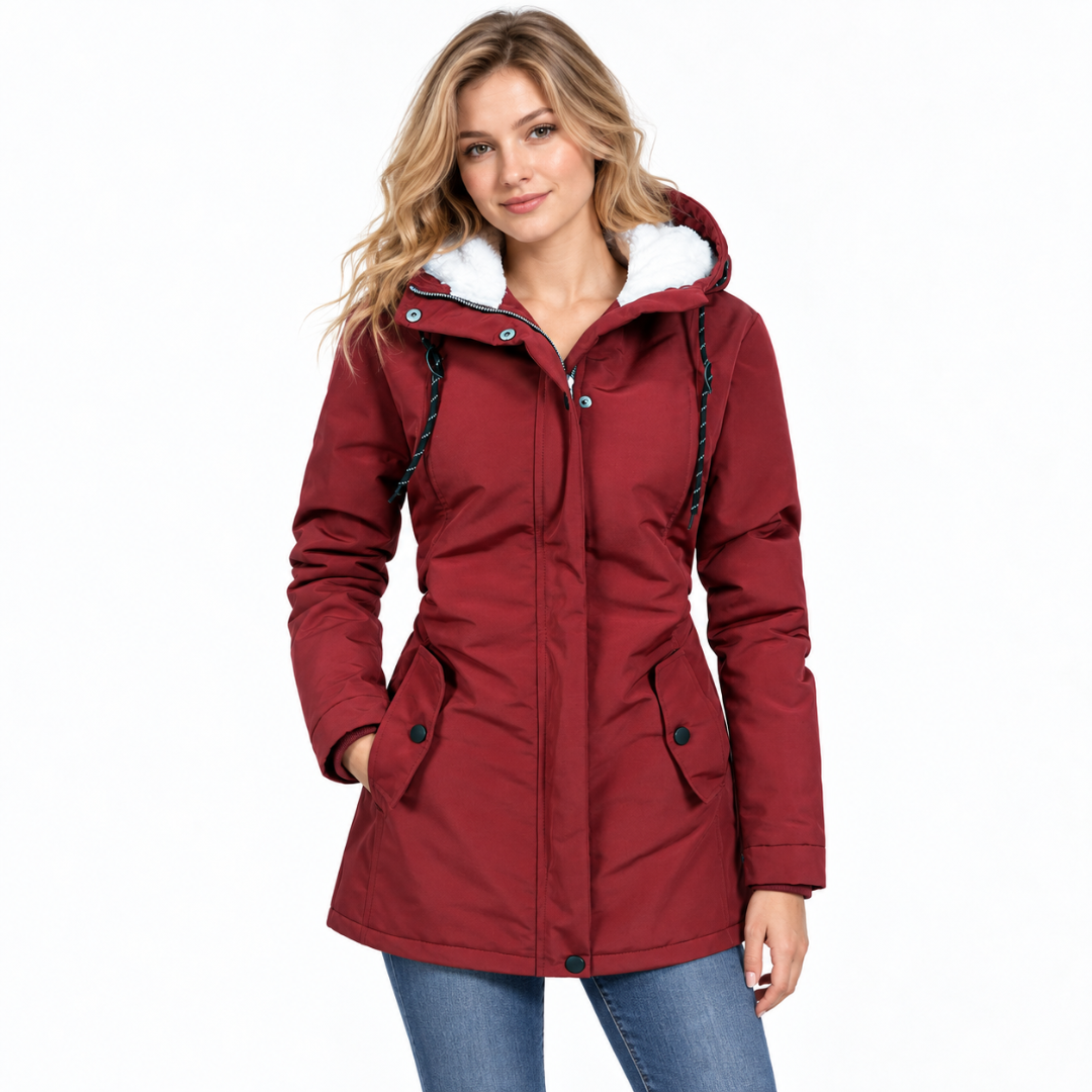 Damen Fleece-gefütterte Kapuzenjacke mit langem Schnitt – Wintermantel