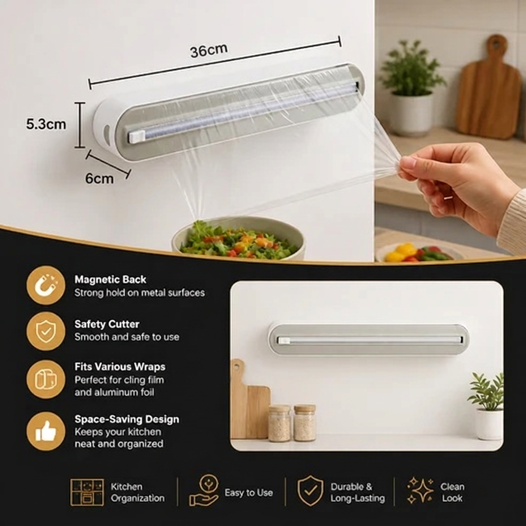 Magnetischer Wandhalter für Folie & Frischhaltefolie mit Sicherheitsschneider